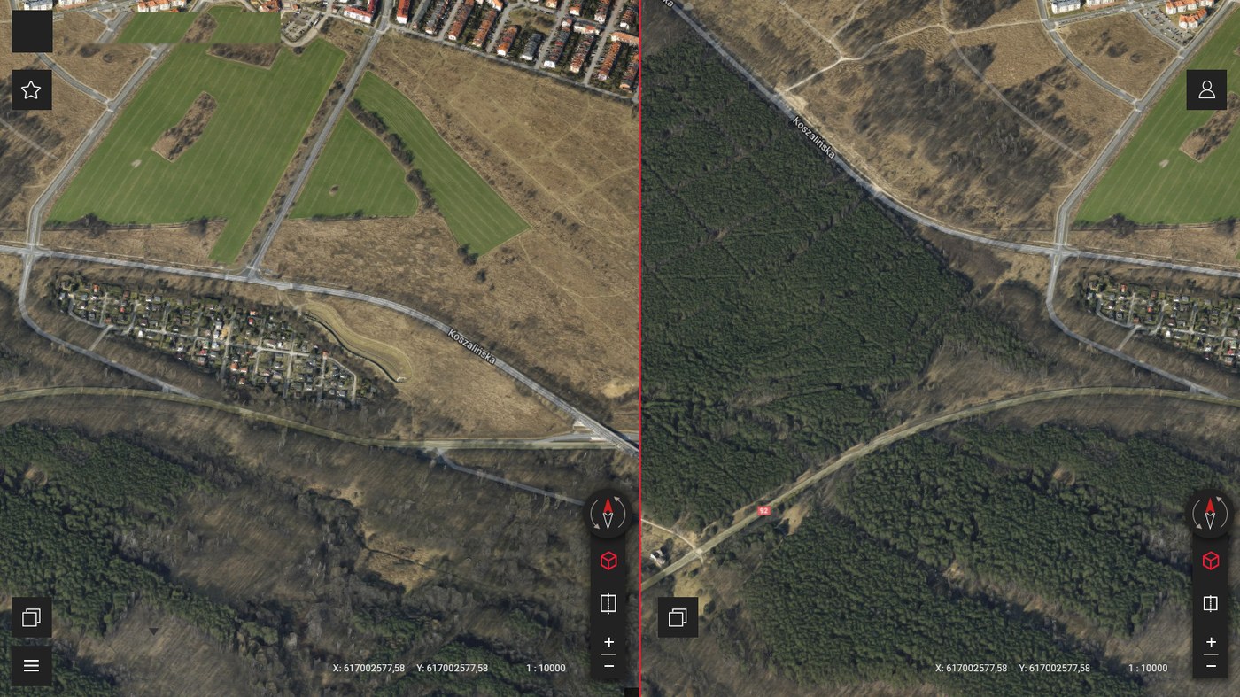 Split-screen comparison of two synchronised satellite views