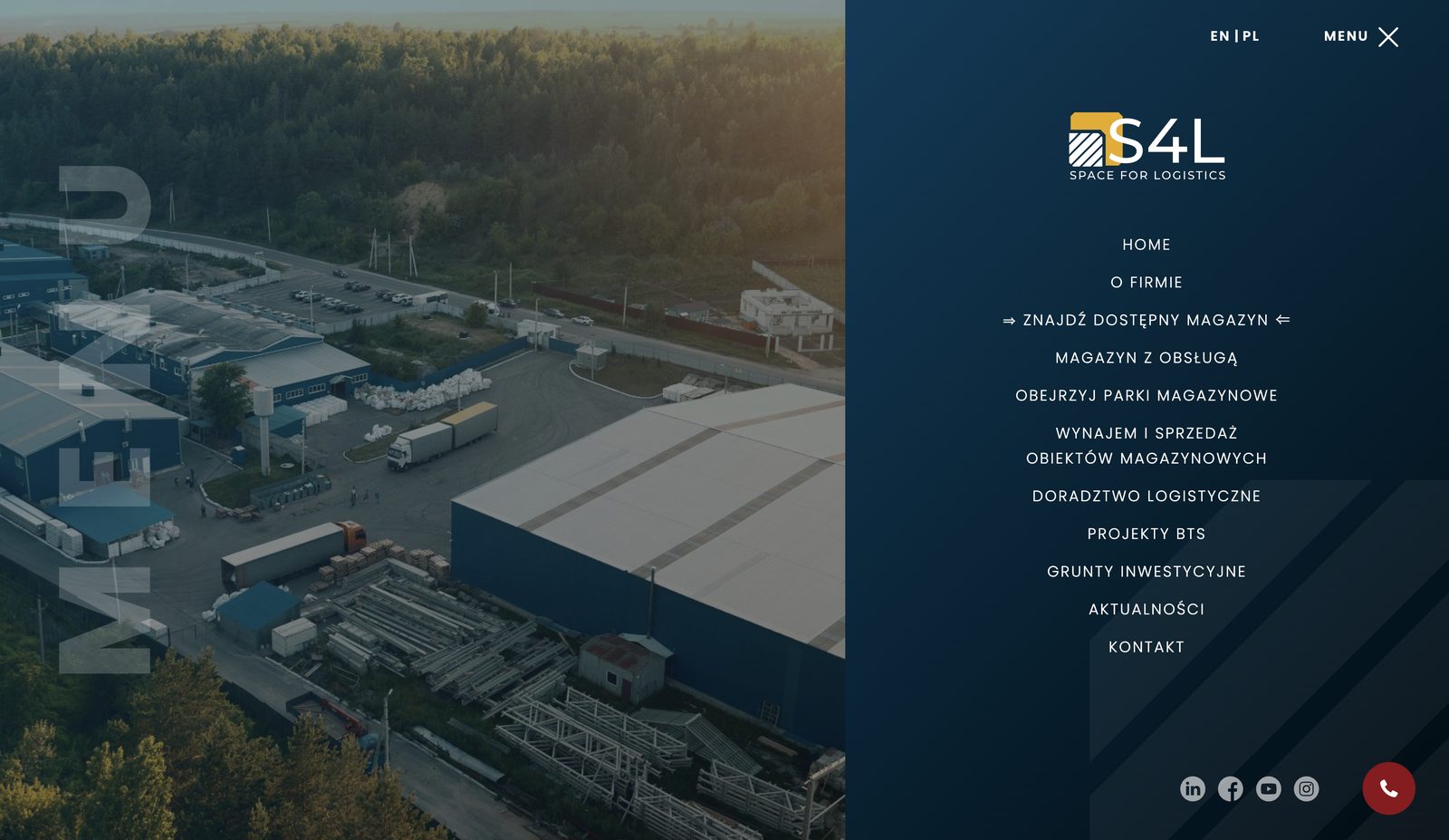Full-screen navigation open, showing the service lines alongside an aerial photograph