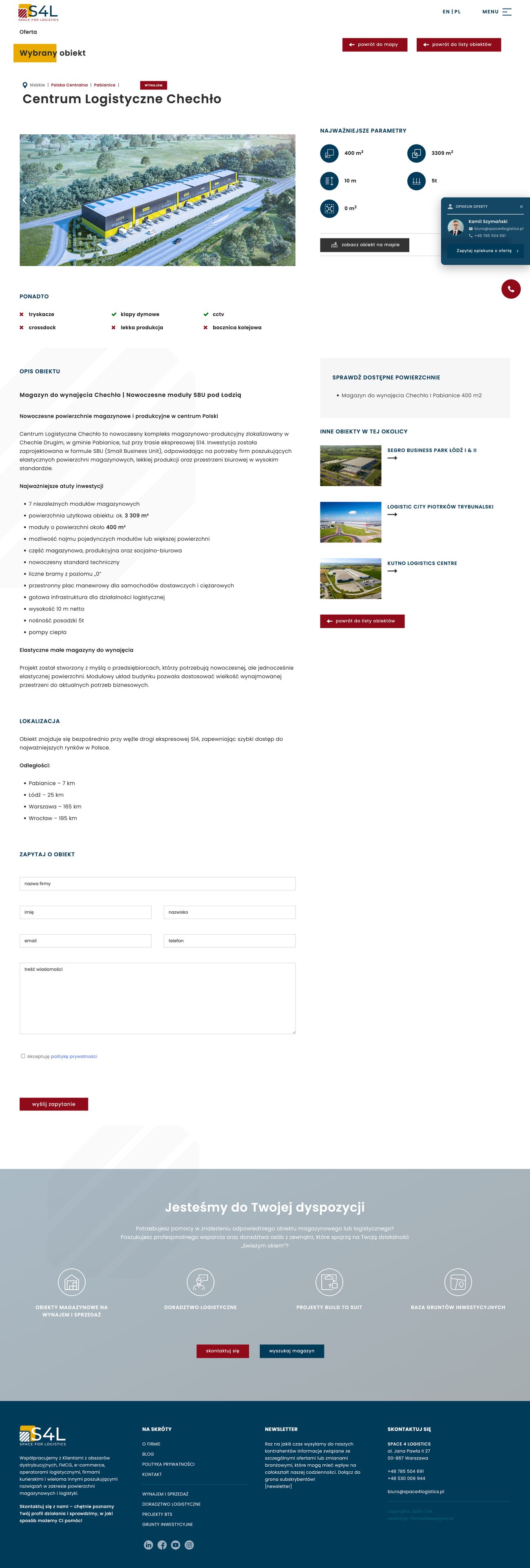 Single property page with technical parameters and an assigned contact