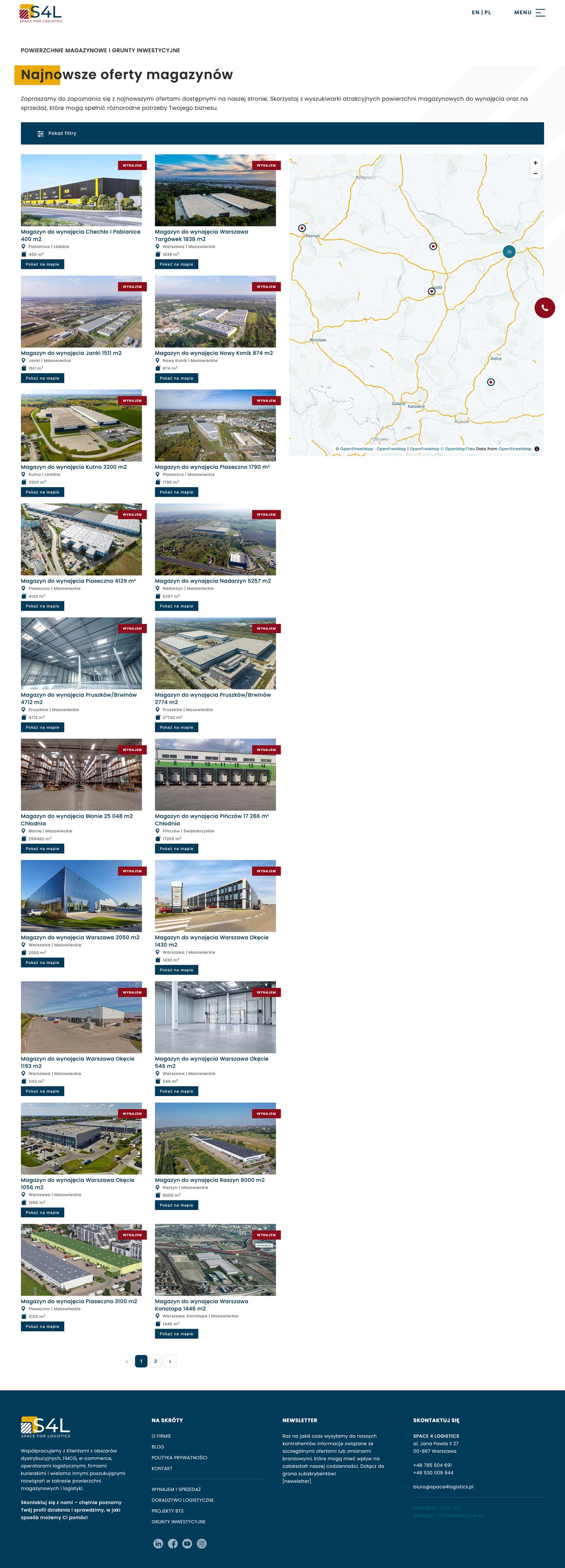 Warehouse search results with filters and a mapped view